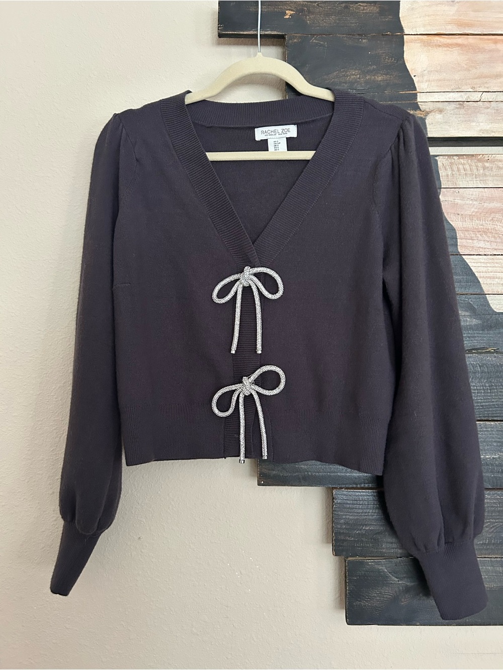 Rachel Zoe V-Neck Sparkly Silver Rhinestone Bow Cardigan